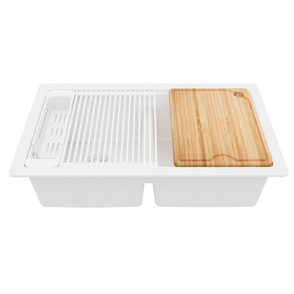 32" Undermount Double Bowl Quartz Kitchen Sink Kit In White