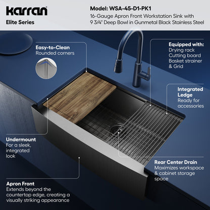 Elite 33" Apron Front Workstation 16 Gauge Single Bowl Stainless Steel Kitchen Sink In Gunmetal Black