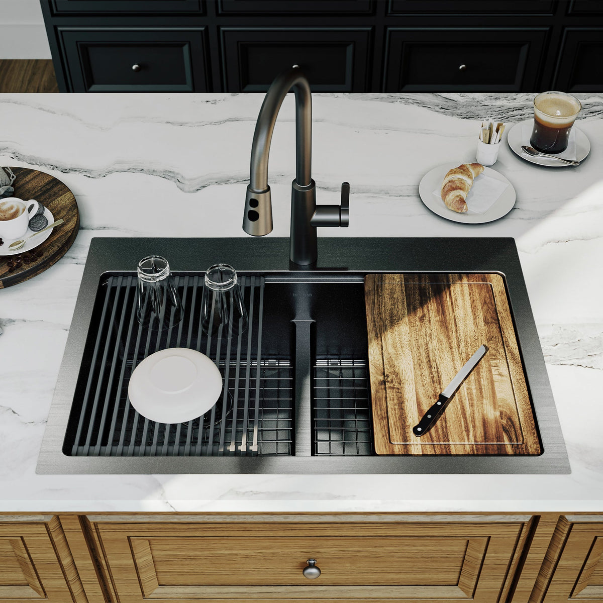 Elite 33" Top Mount Workstation 16 Gauge Stainless Steel Double Bowl Kitchen Sink In Gunmetal Black