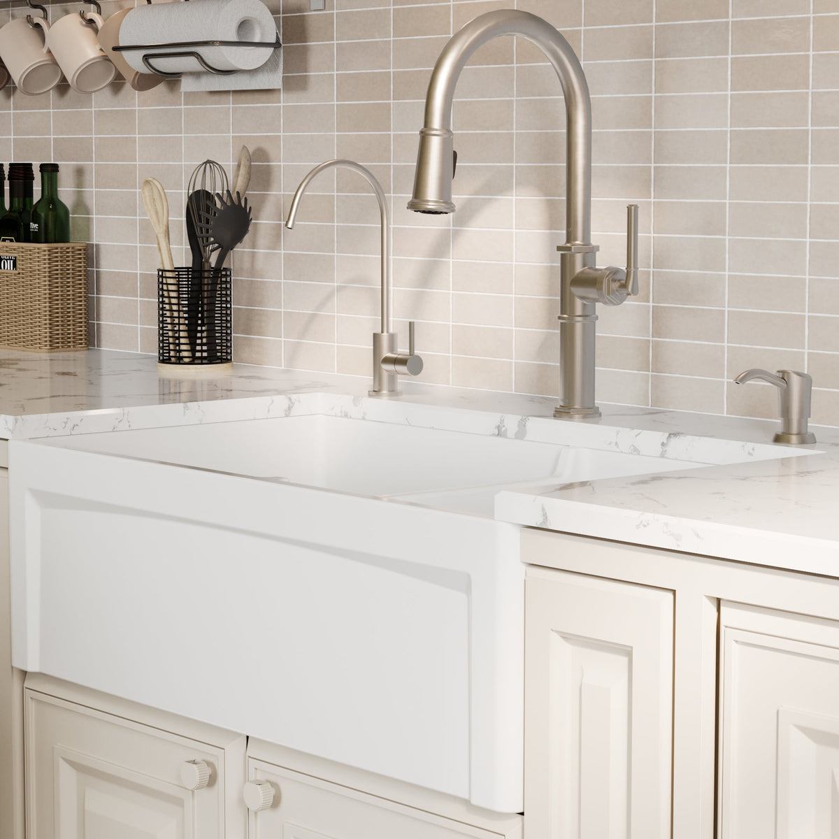 Fireclay 33" Reversible Apron Front Double Bowl Kitchen Sink In White