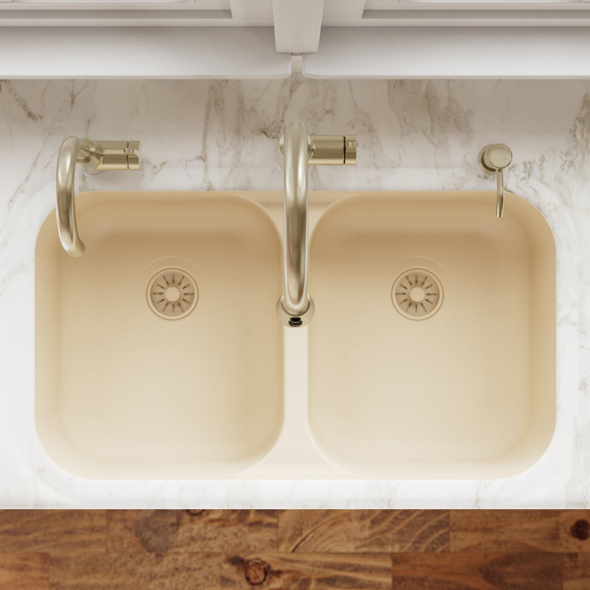 32-7/8" Seamless Undermount Doube Equal Bowl Quartz Composite Kitchen Sink In Bisque