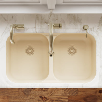 32-7/8" Seamless Undermount Doube Equal Bowl Quartz Composite Kitchen Sink In Bisque
