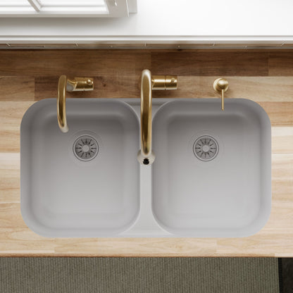 32-7/8" Seamless Undermount Doube Equal Bowl Quartz Composite Kitchen Sink In Grey