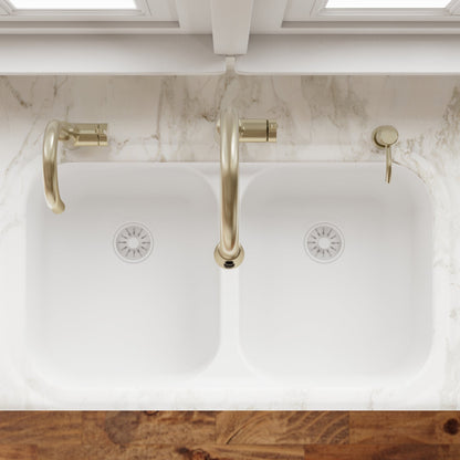 32-7/8" Seamless Undermount Doube Equal Bowl Quartz Composite Kitchen Sink In White