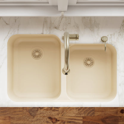 32-3/8" Seamless Undermount Double Offset Bowl Quartz Composite Kitchen Sink In Bisque