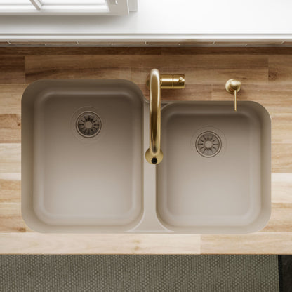 32-3/8" Seamless Undermount Double Offset Bowl Quartz Composite Kitchen Sink In Concrete