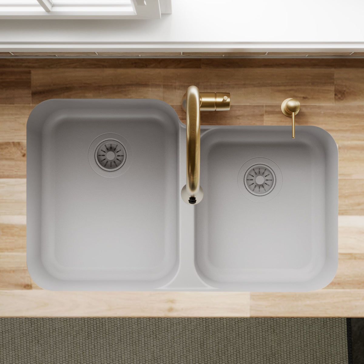 32-3/8" Seamless Undermount Double Offset Bowl Quartz Composite Kitchen Sink In Grey