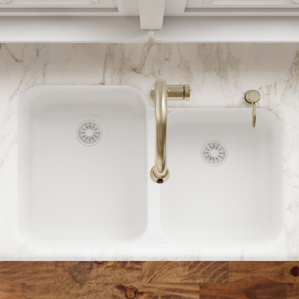 32-3/8" Seamless Undermount Double Offset Bowl Quartz Composite Kitchen Sink In White