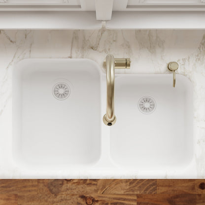 32-3/8" Seamless Undermount Double Offset Bowl Quartz Composite Kitchen Sink In White