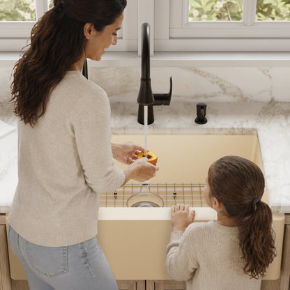 Farmhouse/Apron-Front Quartz Composite 34" Single Bowl Kitchen Sink Kit In Bisque