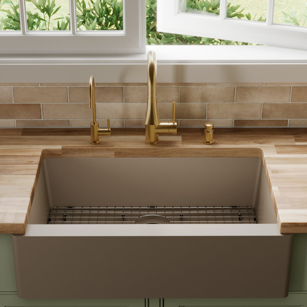 34" Farmhouse Large Single Bowl Quartz Composite Kitchen Sink Kit In Concrete