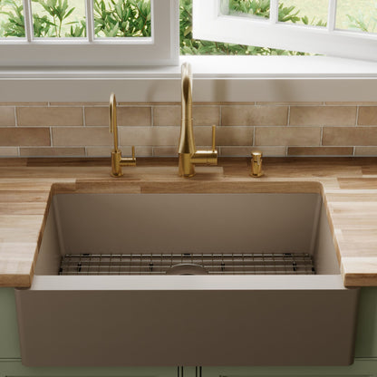34" Farmhouse Large Single Bowl Quartz Composite Kitchen Sink Kit In Concrete