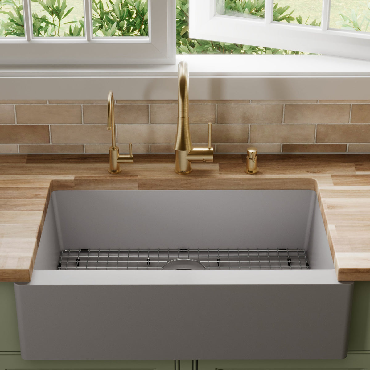 34" Farmhouse Large Single Bowl Quartz Composite Kitchen Sink Kit In Grey