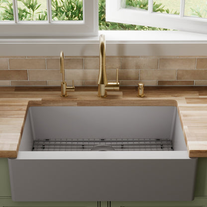 34" Farmhouse Large Single Bowl Quartz Composite Kitchen Sink Kit In Grey