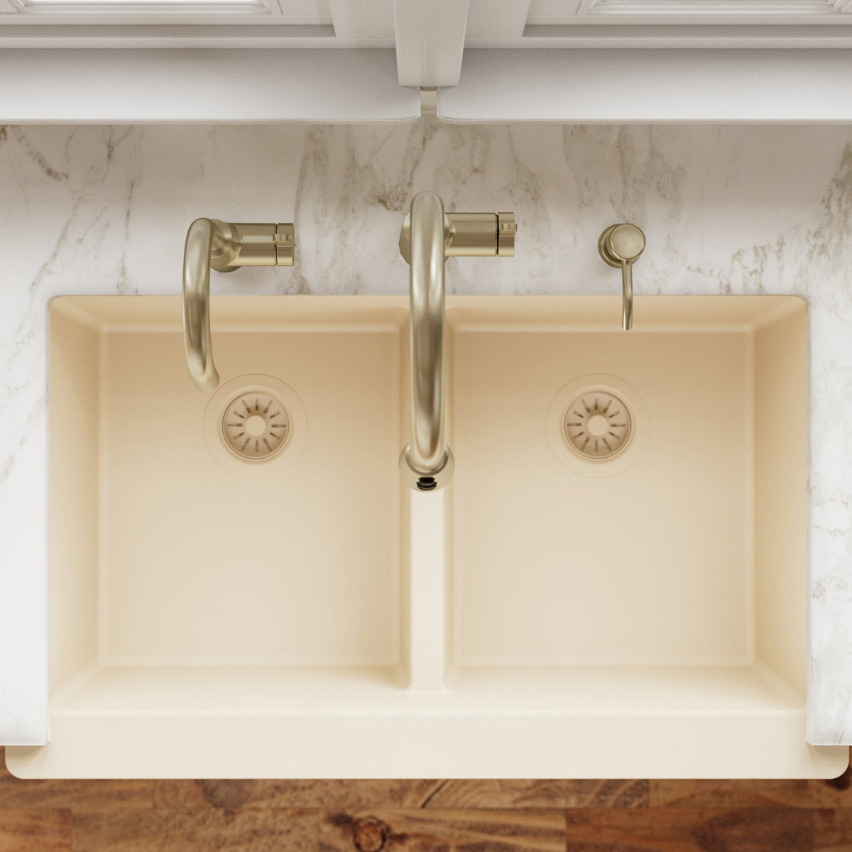 34" Farmhouse Double Equal Bowl Quartz Composite Kitchen Sink In Bisque