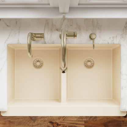 34" Farmhouse Double Equal Bowl Quartz Composite Kitchen Sink In Bisque