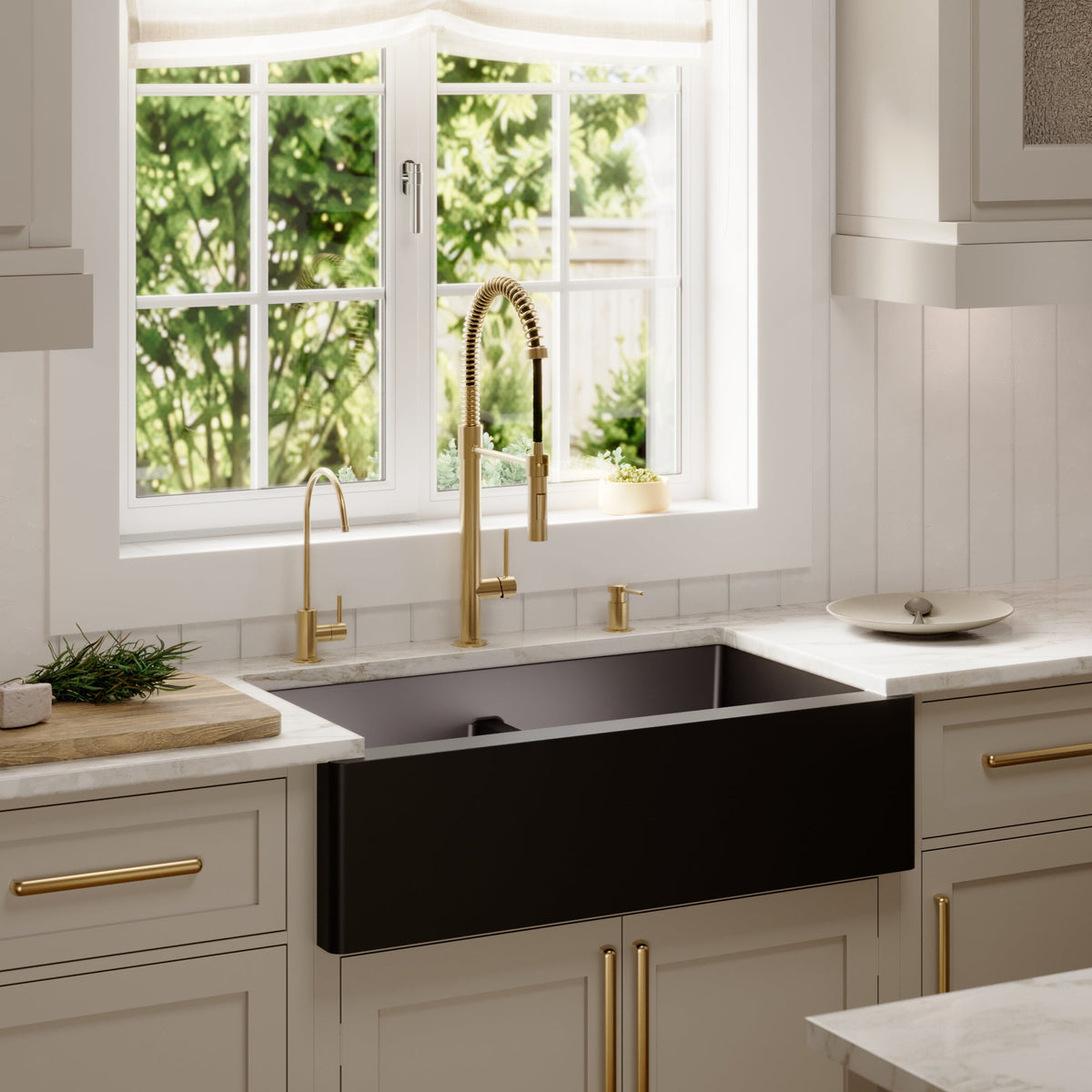 34" Farmhouse Double Equal Bowl Quartz Composite Kitchen Sink Kit In Black