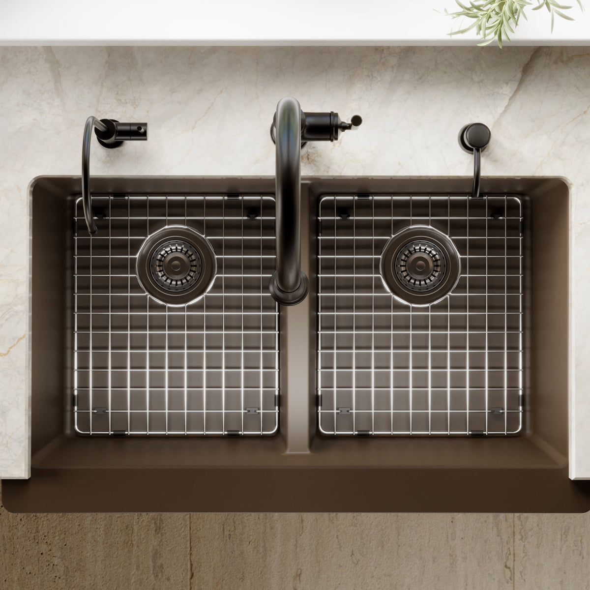 34" Farmhouse Double Equal Bowl Quartz Composite Kitchen Sink Kit In Brown