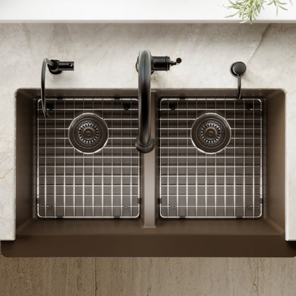 34" Farmhouse Double Equal Bowl Quartz Composite Kitchen Sink Kit In Brown