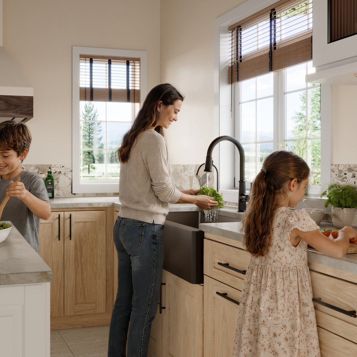 34" Farmhouse Double Equal Bowl Quartz Composite Kitchen Sink In Brown