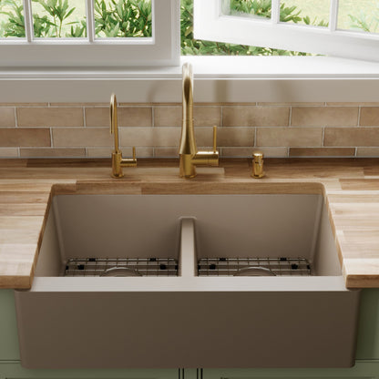 34" Farmhouse Double Equal Bowl Quartz Composite Kitchen Sink Kit In Concrete