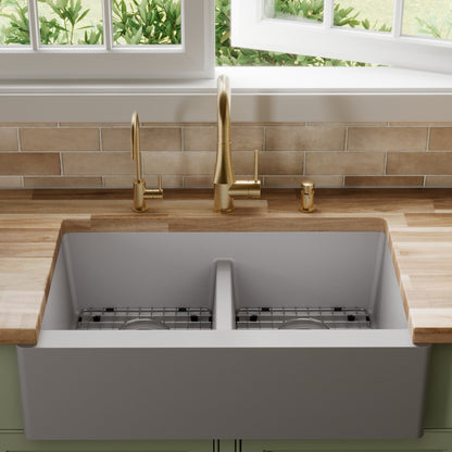 34" Farmhouse Double Equal Bowl Quartz Composite Kitchen Sink Kit In Grey