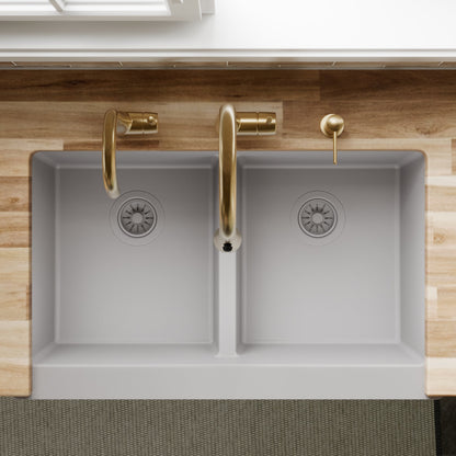 34" Farmhouse Double Equal Bowl Quartz Composite Kitchen Sink In Grey