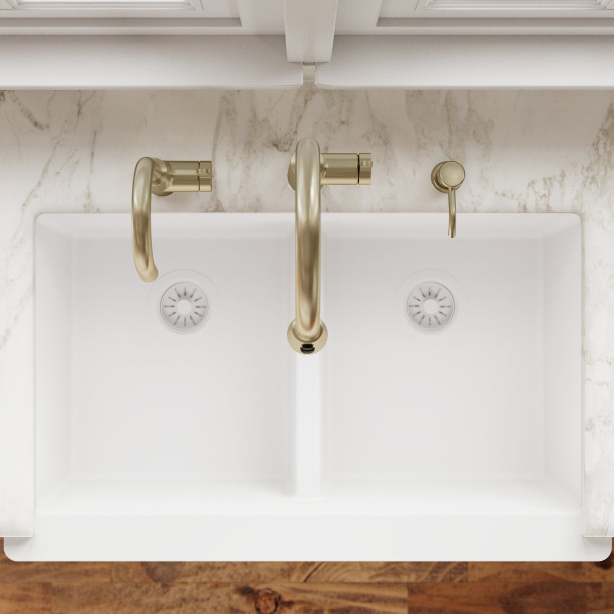 34" Farmhouse Double Equal Bowl Quartz Composite Kitchen Sink In White