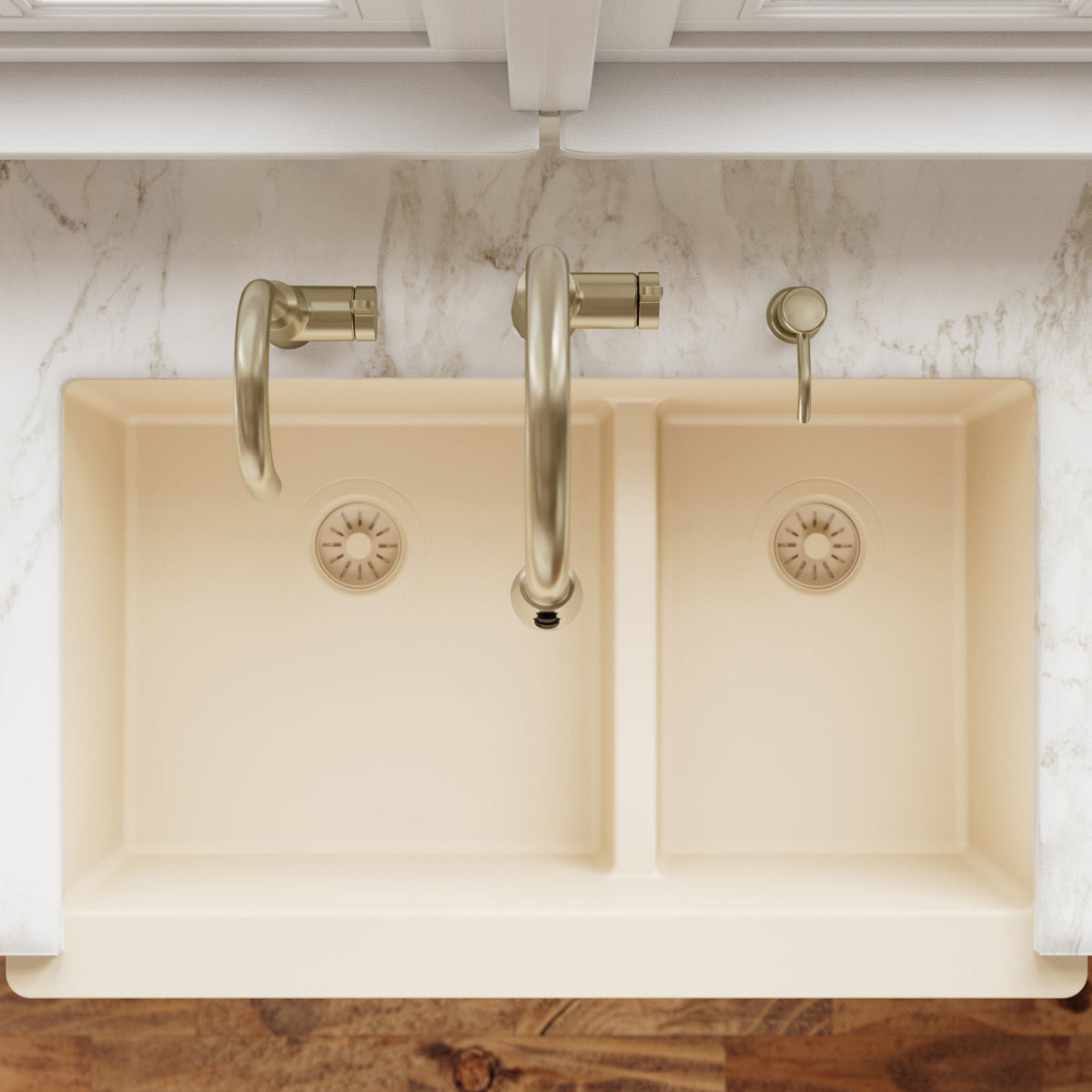 34" Farmhouse Double Offset Bowl Quartz Composite Kitchen Sink In Bisque