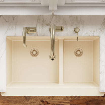 34" Farmhouse Double Offset Bowl Quartz Composite Kitchen Sink In Bisque