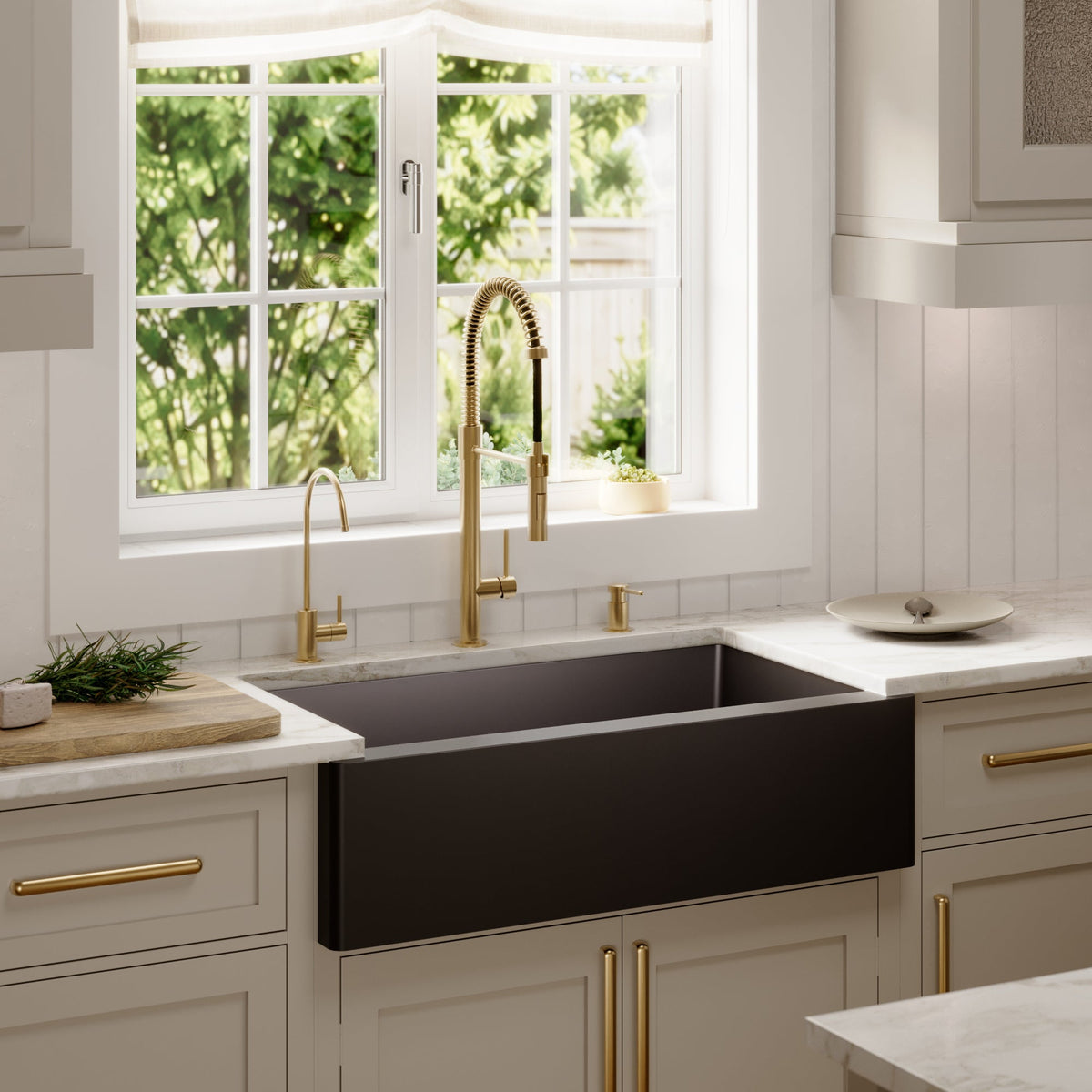 34" Farmhouse Double Offset Bowl Quartz Composite Kitchen Sink Kit In Black