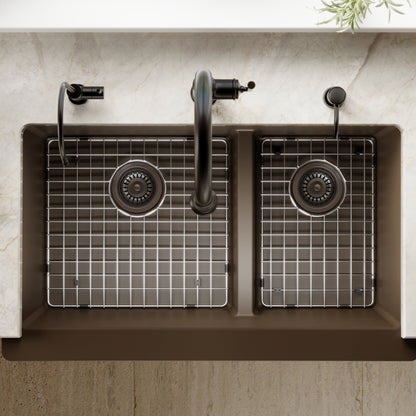 34" Farmhouse Double Offset Bowl Quartz Composite Kitchen Sink Kit In Brown