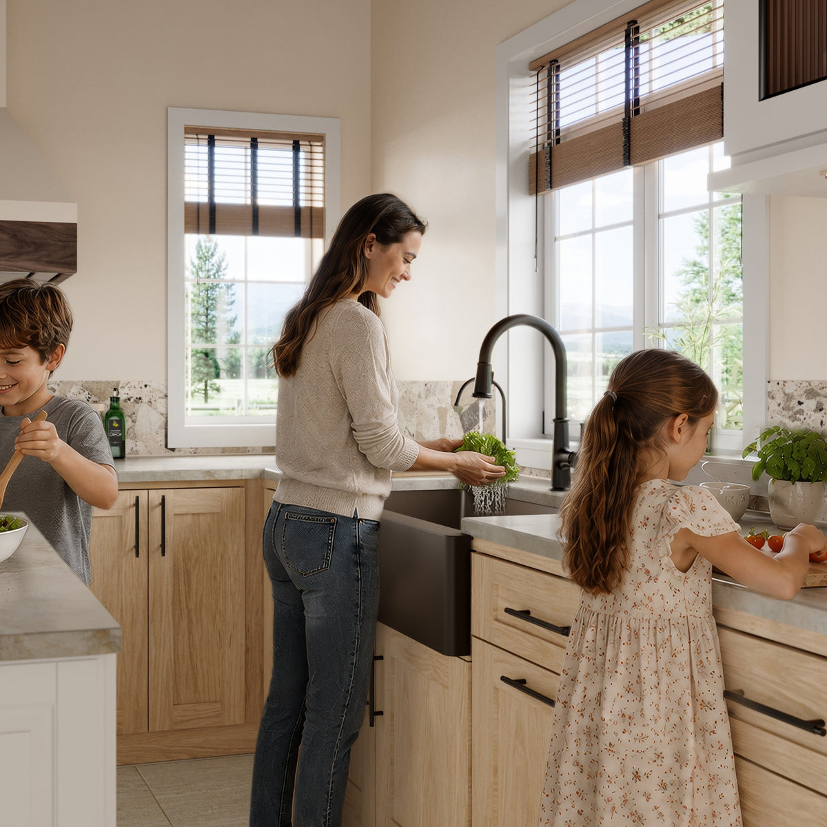 34" Farmhouse Double Offset Bowl Quartz Composite Kitchen Sink In Brown