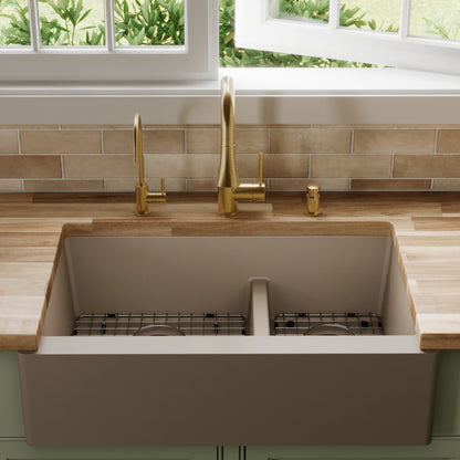 34" Farmhouse Double Offset Bowl Quartz Composite Kitchen Sink Kit In Concrete