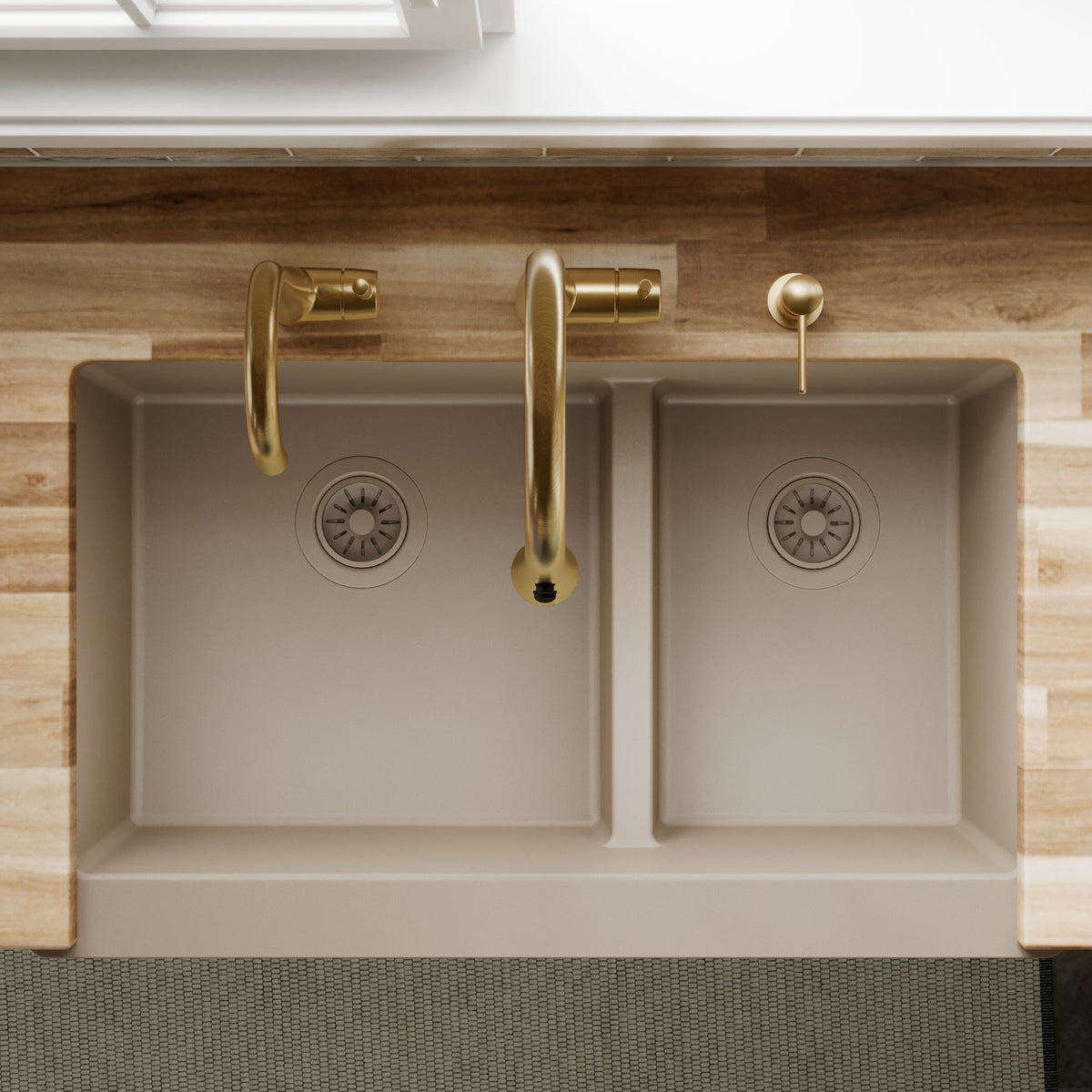 34" Farmhouse Double Offset Bowl Quartz Composite Kitchen Sink In Concrete