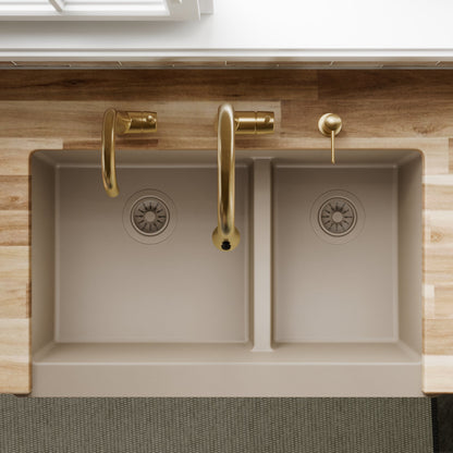 34" Farmhouse Double Offset Bowl Quartz Composite Kitchen Sink In Concrete