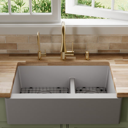 34" Farmhouse Double Offset Bowl Quartz Composite Kitchen Sink Kit In Grey