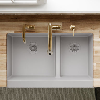 34" Farmhouse Double Offset Bowl Quartz Composite Kitchen Sink In Grey