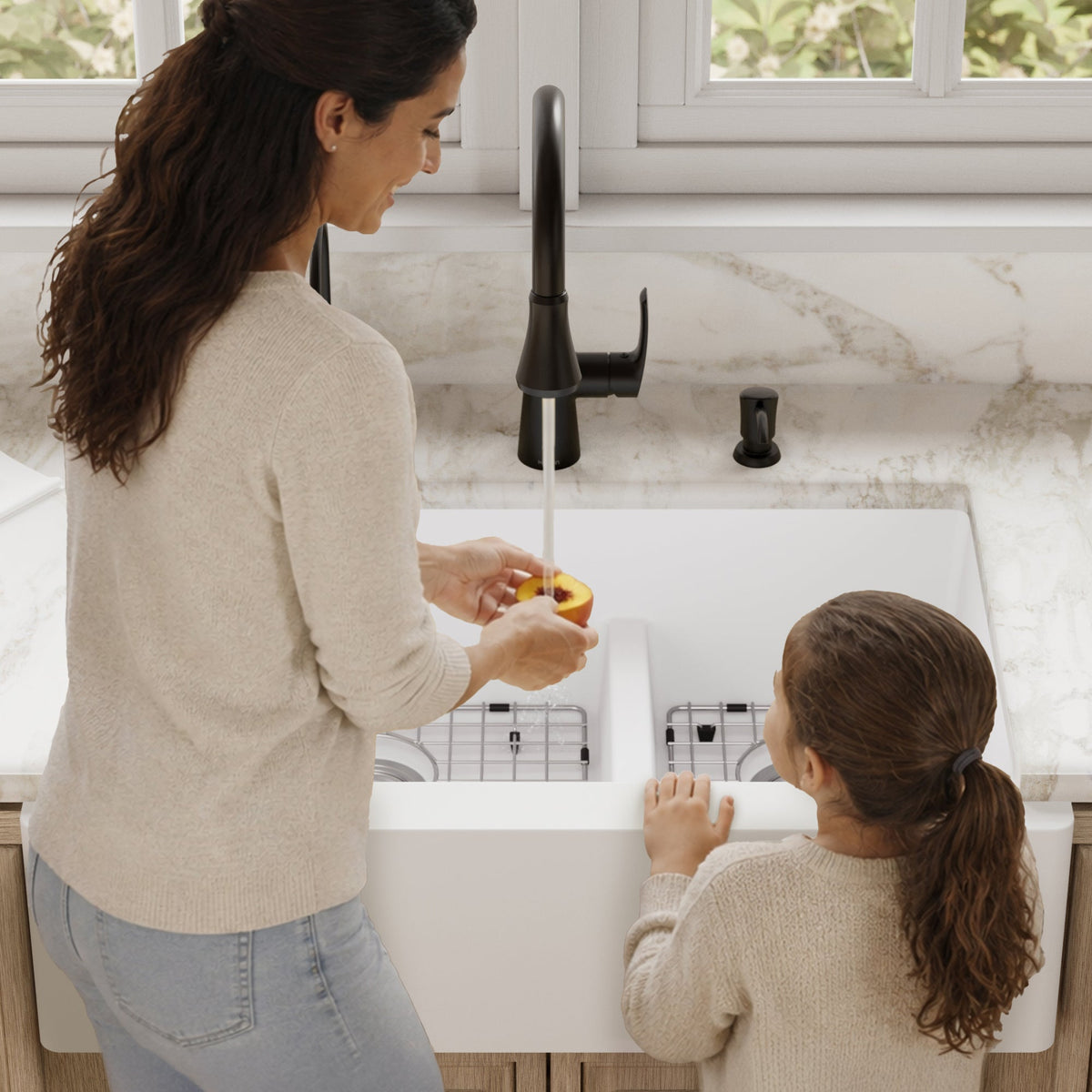 34" Farmhouse Double Offset Bowl Quartz Composite Kitchen Sink Kit In White