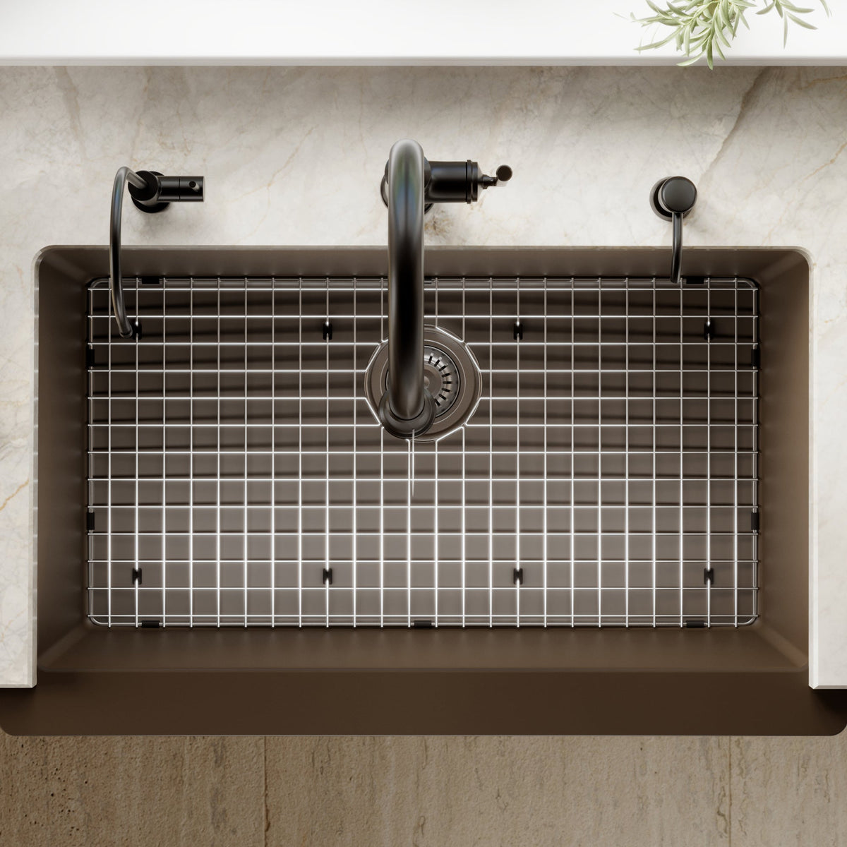 34" Retrofit Farmhouse Large Single Bowl Quartz Composite Kitchen Sink Kit In Brown