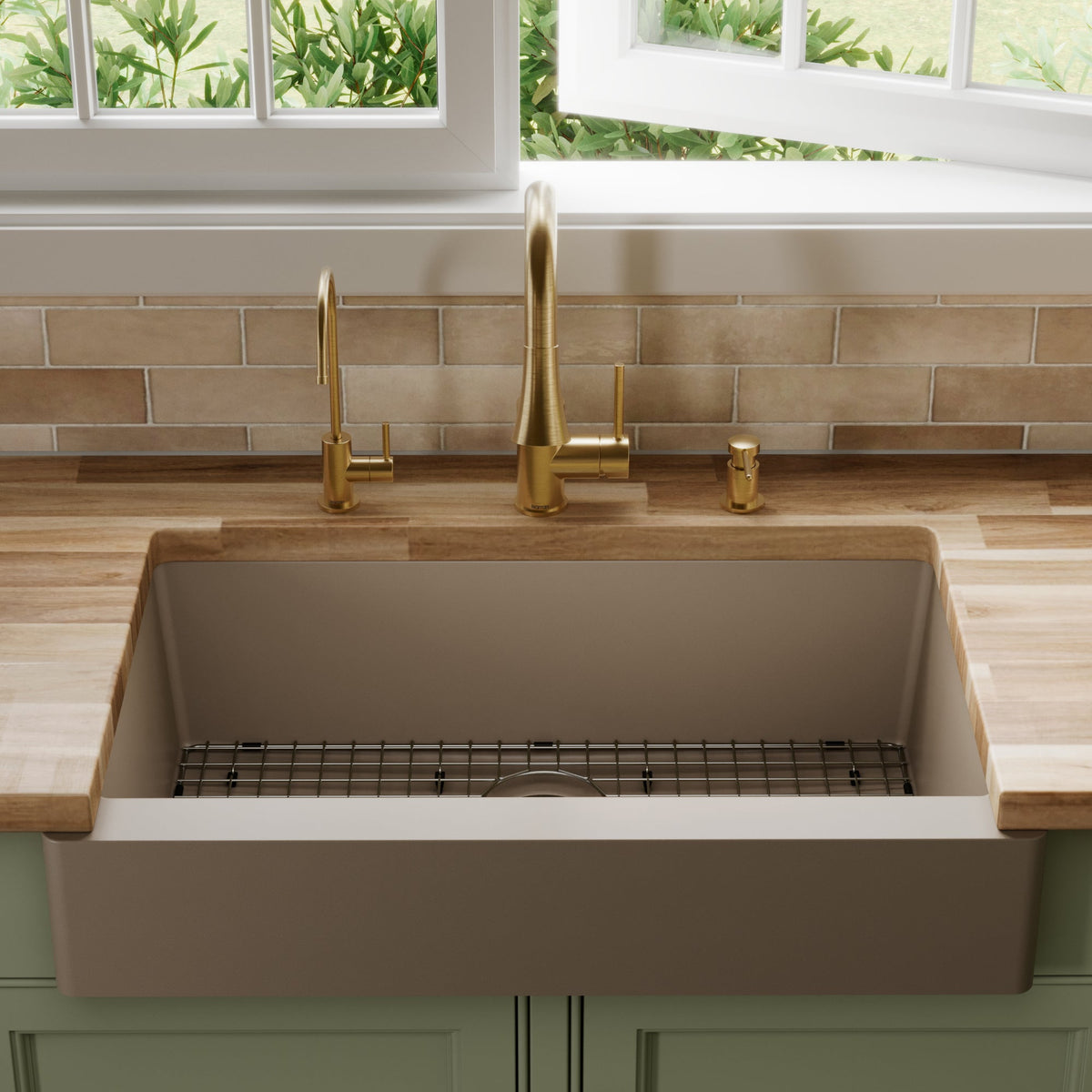 34" Retrofit Farmhouse Large Single Bowl Quartz Composite Kitchen Sink Kit In Concrete