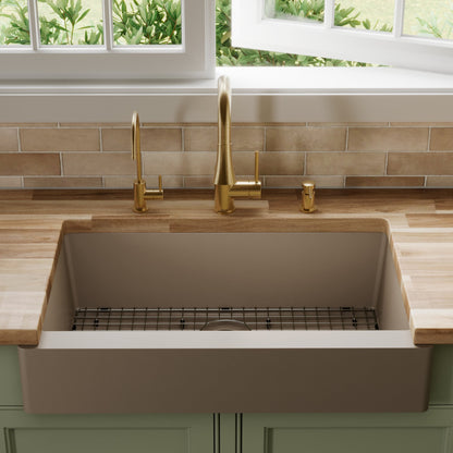 34" Retrofit Farmhouse Large Single Bowl Quartz Composite Kitchen Sink Kit In Concrete