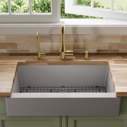 34" Retrofit Farmhouse Large Single Bowl Quartz Composite Kitchen Sink Kit In Grey