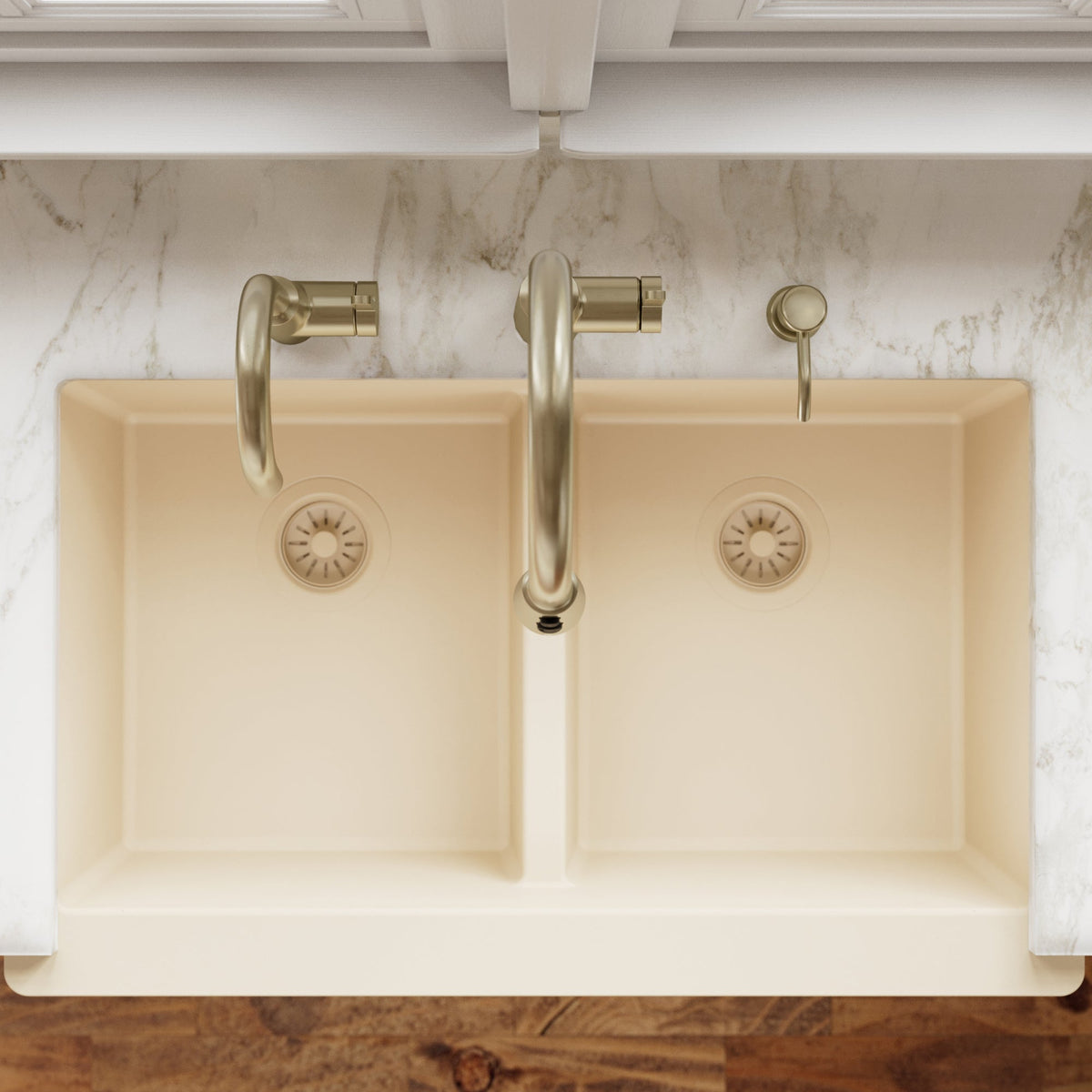 34" Retrofit Farmhouse Double Equal Bowl Quartz Composite Kitchen Sink In Bisque
