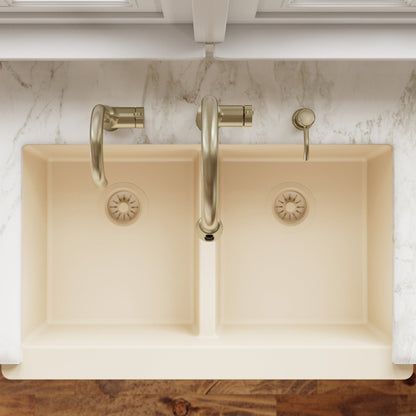 34" Retrofit Farmhouse Double Equal Bowl Quartz Composite Kitchen Sink In Bisque