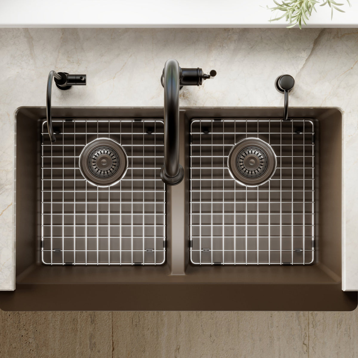 34" Retrofit Farmhouse Double Equal Bowl Quartz Composite Kitchen Sink Kit In Brown