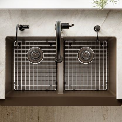 34" Retrofit Farmhouse Double Equal Bowl Quartz Composite Kitchen Sink Kit In Brown