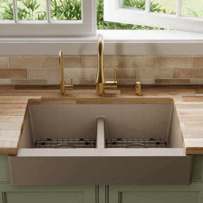 34" Retrofit Farmhouse Double Equal Bowl Quartz Composite Kitchen Sink Kit In Concrete