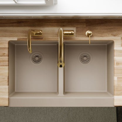 34" Retrofit Farmhouse Double Equal Bowl Quartz Composite Kitchen Sink In Concrete