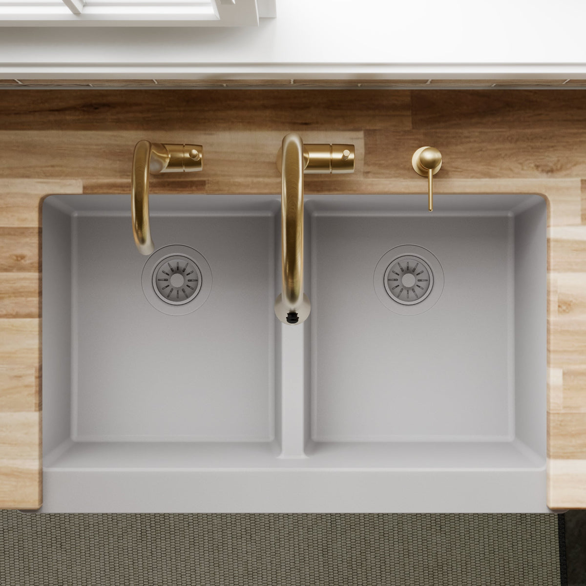 34" Retrofit Farmhouse Double Equal Bowl Quartz Composite Kitchen Sink In Grey